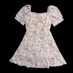 Boutique Watercolor Floral Print Short Sleeve Mini Dress S